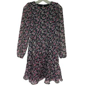 Banana Republic Petite SP Floral Long Sleeve Tie Waist Dress Black Pink White.